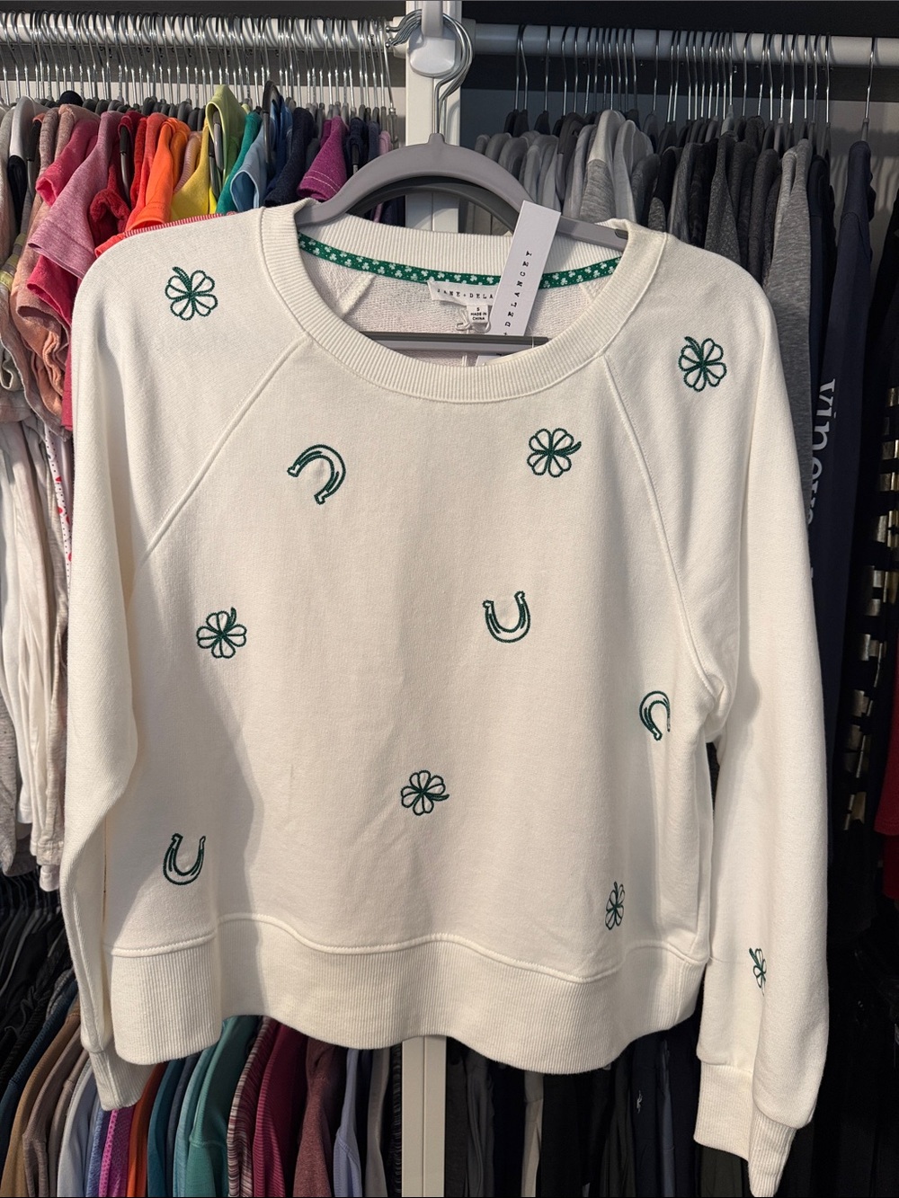 Jane and Delancey Cream Sweatshirt with Green Horseshoe & Clover Embroidery